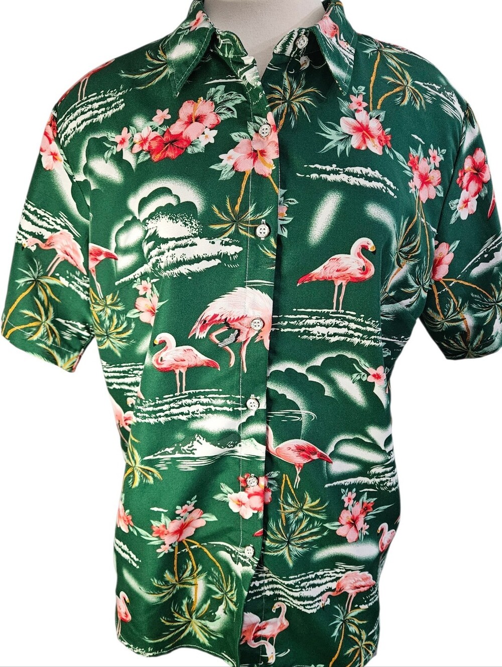 Women's SSLR Green Tropical Flamingo Short-Sleeve Shirt, XL
